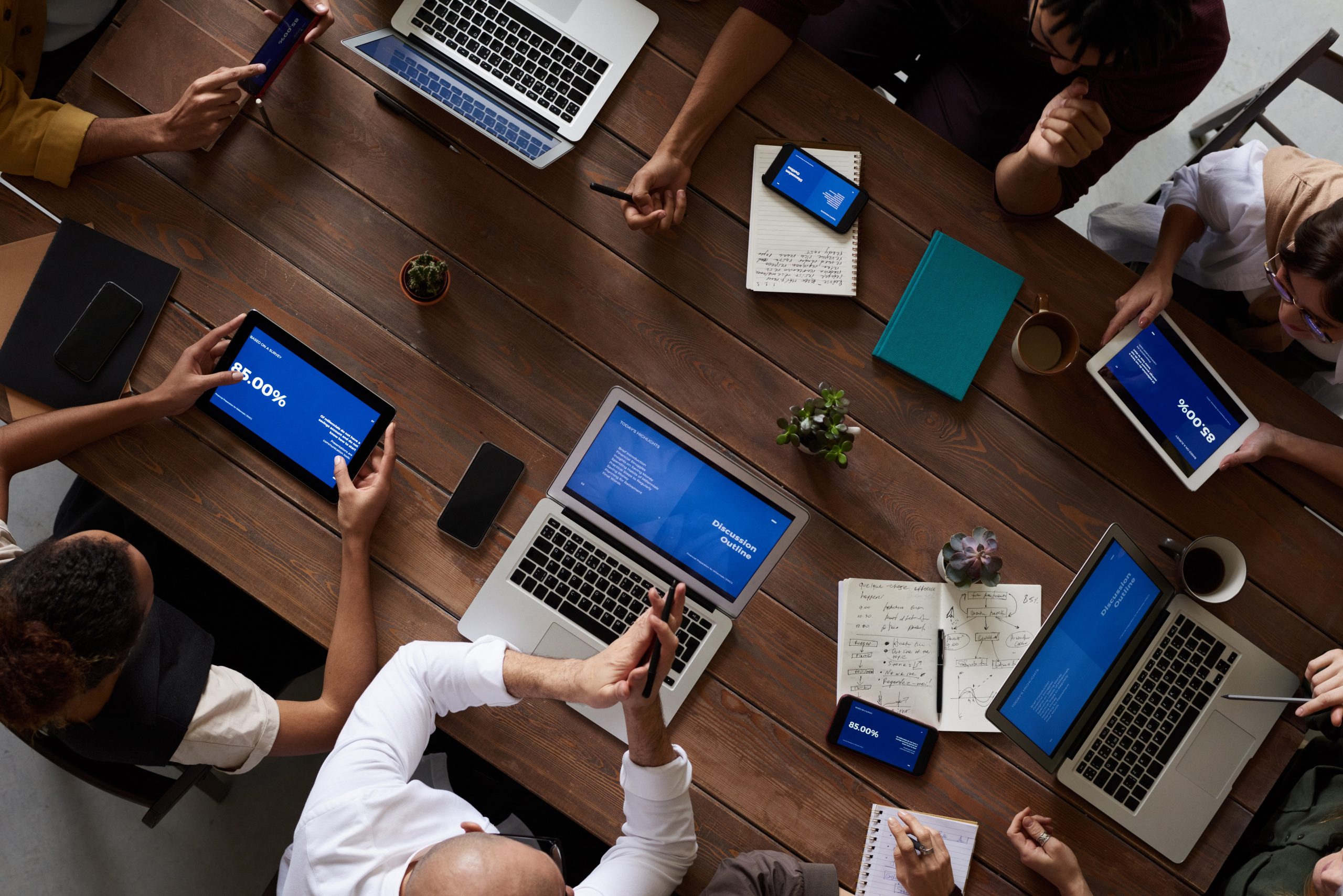 Team collaborating using business technology